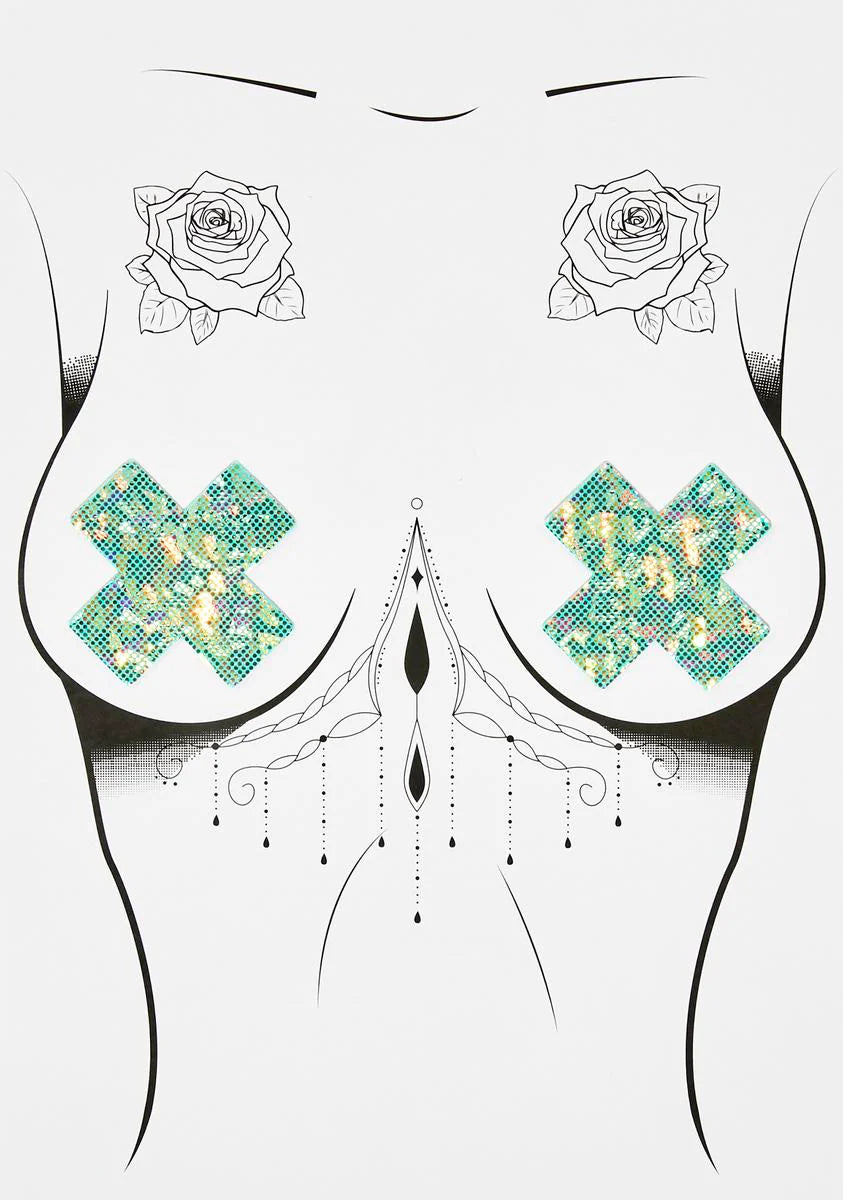 Seafoam Shattered Glass Glitter Cross Pasties