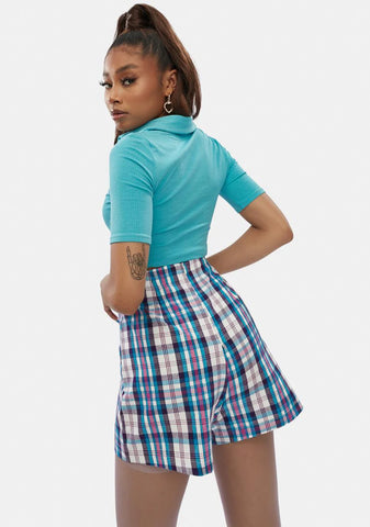 Aqua Plaid Pain Proof Mini Shorts