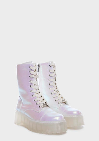 White Iridescent Combat Boots