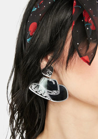 Silver Yeehaw Cowgirl Hat Earrings