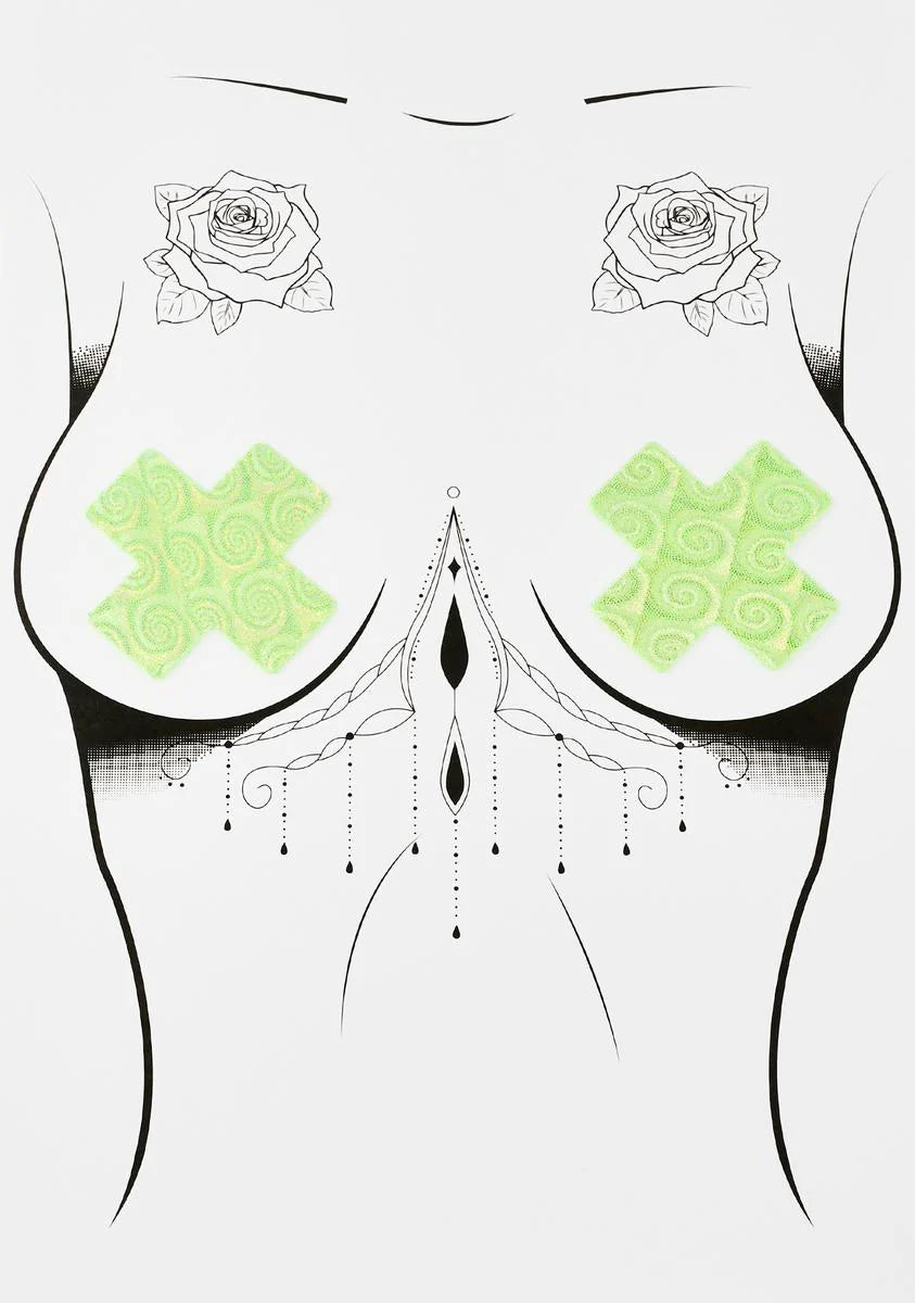 DK X Neva Nude Green Holo Swirl Cross Pasties