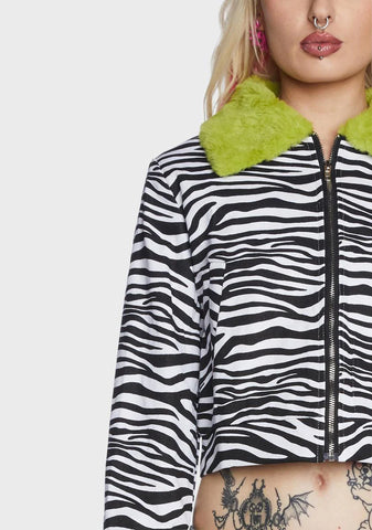 Zebra Print Fur Trim Jacket