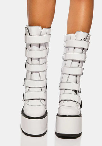 White Patent Dune Strapped Platform Boots