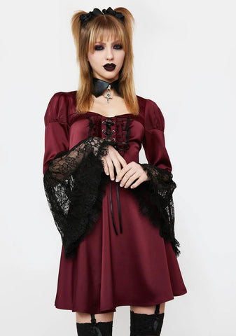 Burgundy Mini Dress With Lace Sleeves