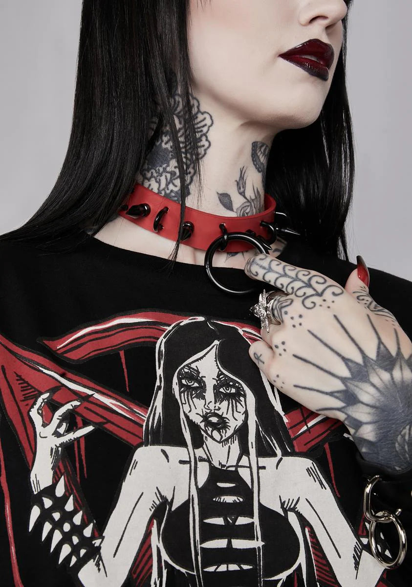 Black & Red O-Ring Spiked Choker With Loops