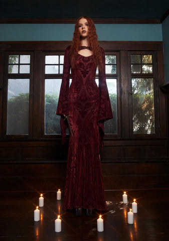 Druid’s Wife Maxi Dress And Shrug Set - Dark Red