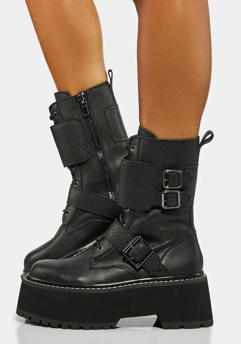 Atmosphere Leather Buckle Combat Boots