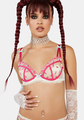 Cherry Embroidered Frill Bra