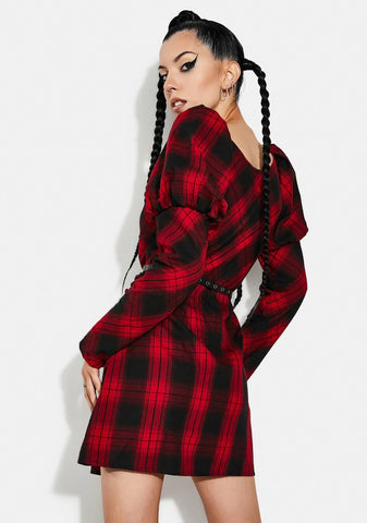 Red And Black Plaid Princess Sleeve Dress