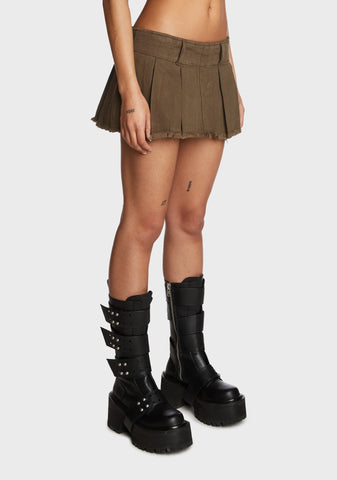 Washed Denim Pleated Micro Skort - Olive