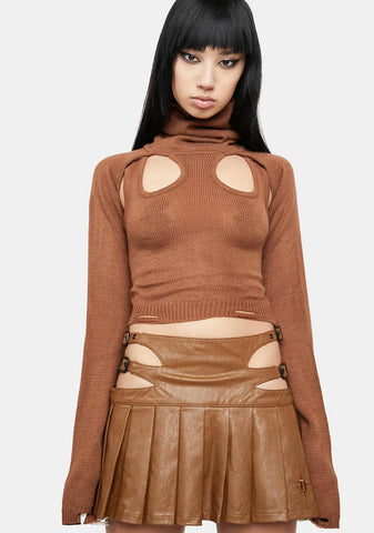 Atmosphere Brown Knit Cutout Turtleneck Top