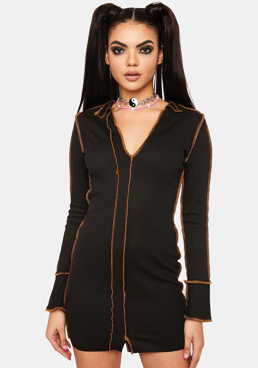 Exposed Stitch Long Sleeve Mini Dress