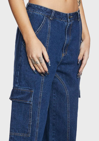 Wide Leg Denim Cargo Pants