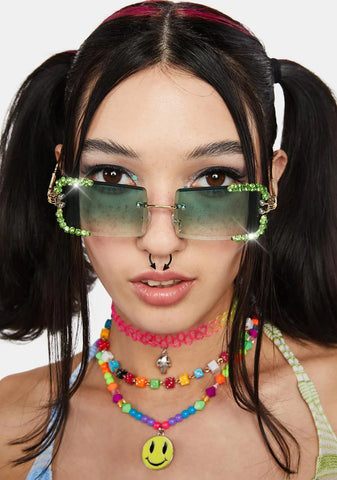 Green Rimless Revival Rhinestone Sunglasses