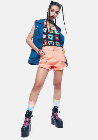 Orange Distressed Denim Shorts