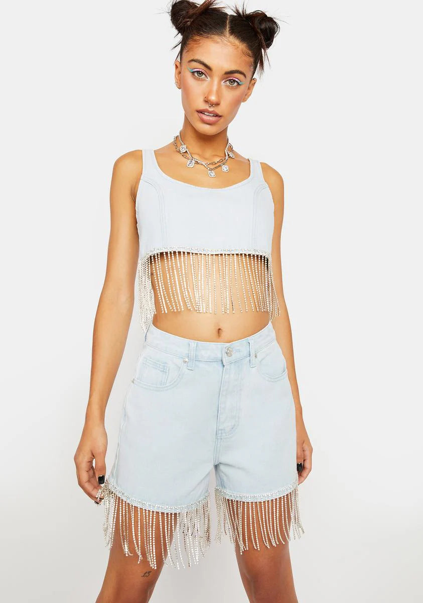 Denim Shorts With Diamante Fringe