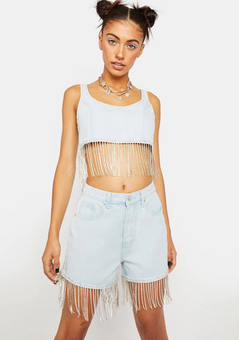 Denim Shorts With Diamante Fringe