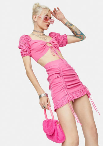 Sweet Be My Baby Puff Sleeve Eyelet Skirt Set