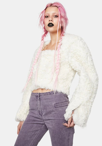 Lilac Leather And White Faux Fur Double Sided Cropped Coat