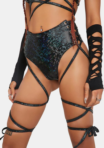 Black Broken Lace-Up Metallic High-Cut Shorts