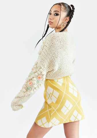 Yellow Cream Argyle Mini Skirt