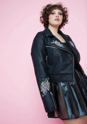 She's Gaia's Daughter Floral Embroidered Moto Jacket