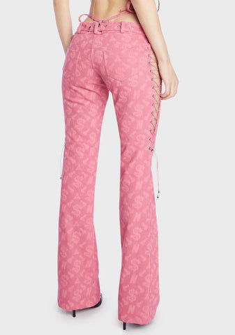 Pink Monogram Denim Low Cut Lace Up Pants