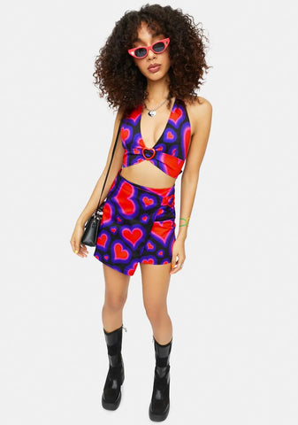 Electric Juice Plunge Heart Print Halter Top