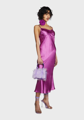 Purple Satin Back Slit Maxi Dress
