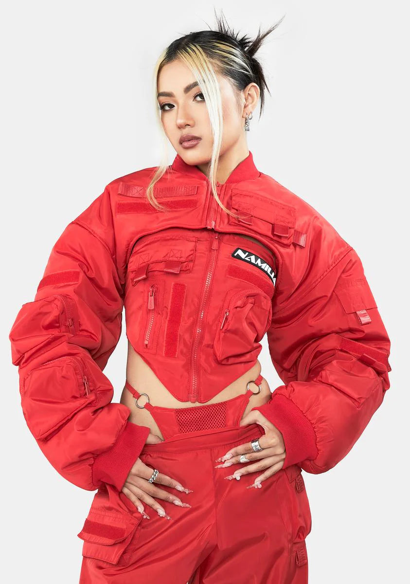 Red Nylon Bomber Choker Jacket