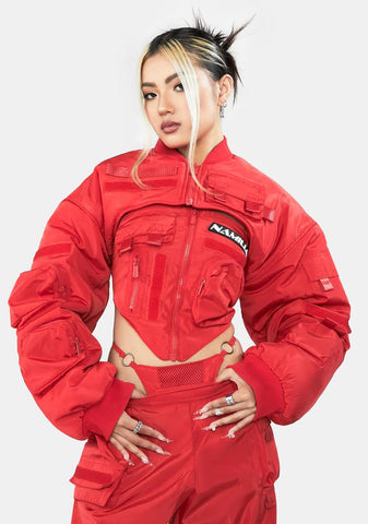 Red Nylon Bomber Choker Jacket