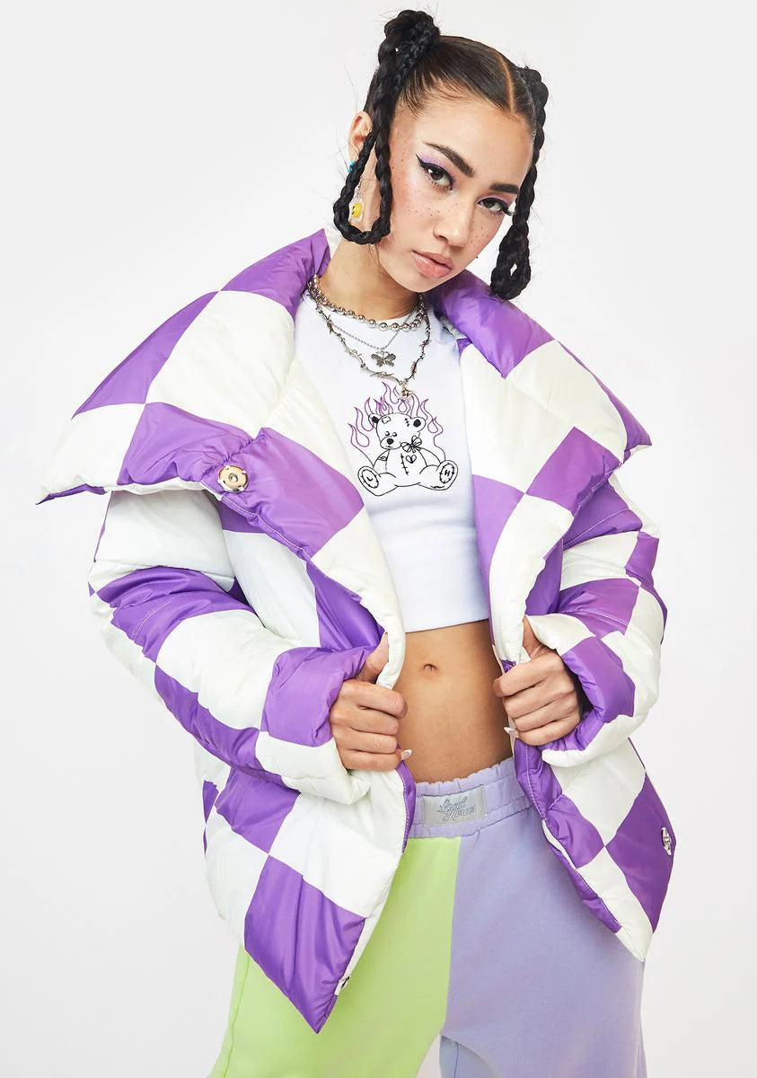 Purple Checkerboard Puffer Jacket