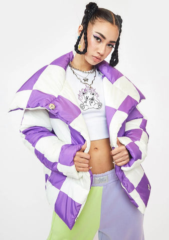 Purple Checkerboard Puffer Jacket