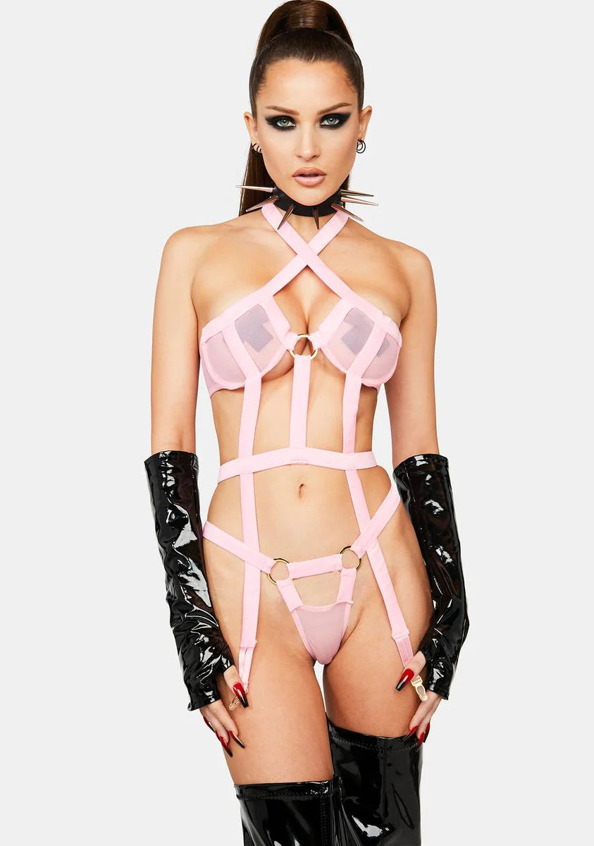 Criss Cross Halter Neck Mesh Bra Lingerie Set