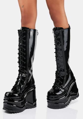 Patent Evil Intentions Wedge Knee High Boots