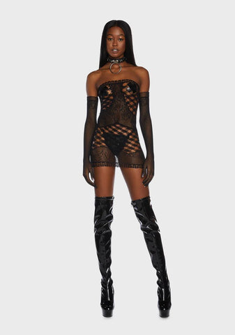 Midnight Finally Playtime Bodystocking Dress With Gloves