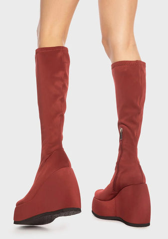 Red Roxy Wedge Knee High Boots