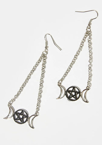 Moon Goddess Pentagram Chain Drop Earrings