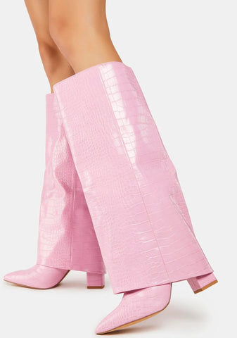 Pink Zendaya Croc Pointed Toe Knee High Boots