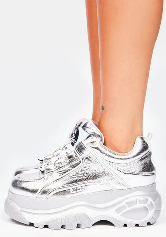 Silver Metallic Classic Low Leather Platform Sneakers