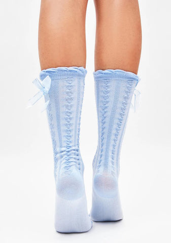 Aqua Peaceful in Pointelle Bow Crew Socks