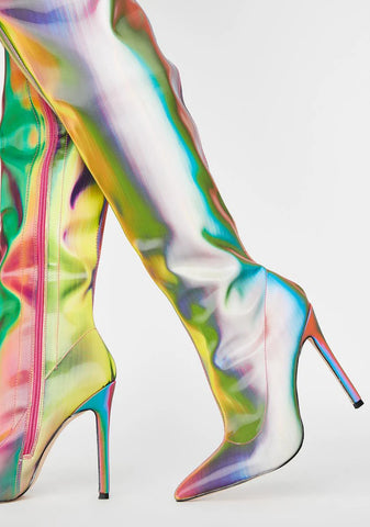 Rainbow Feather Thigh High Boots
