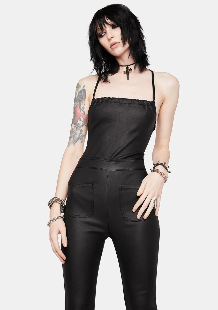 Open Back Faux Leather Jumpsuit