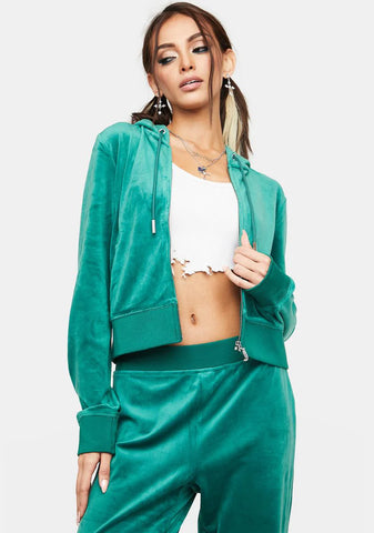 Jade Green Rhinestone Logo Zip-Up Hoodie