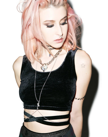 Velvet Double Cross Crop Top - Dark Gray
