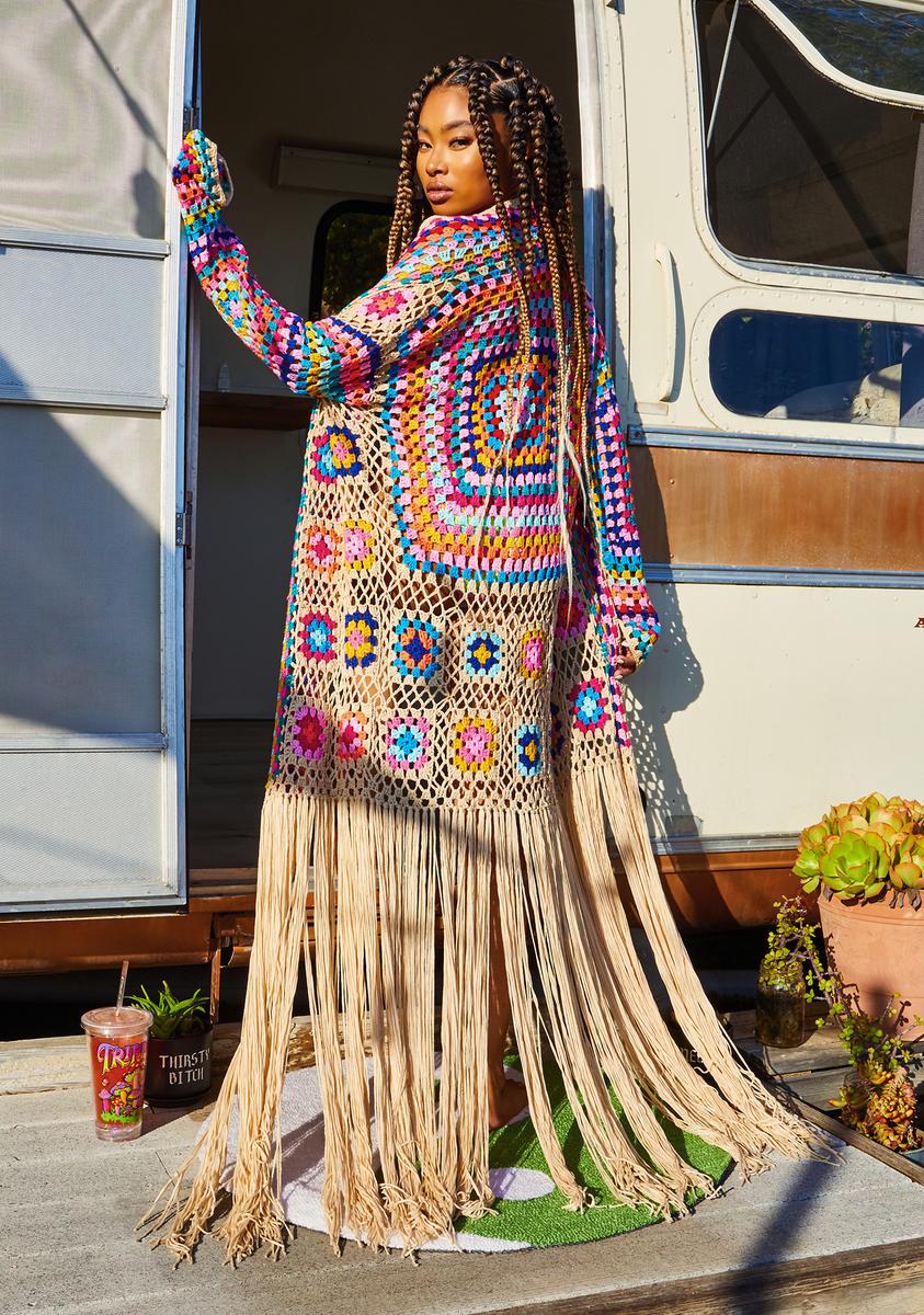 Taupe Be The Change Crochet Duster