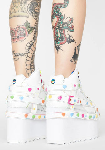 White Qozmo Bondage Rainbow Heart Platform Sneakers