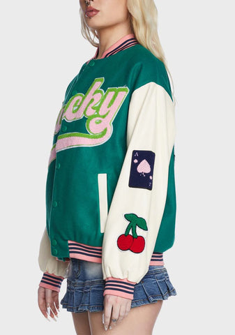 Embroidered Patch Green Varsity Jacket