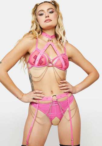 Vinyl & Chain Crotchless Bra Set
