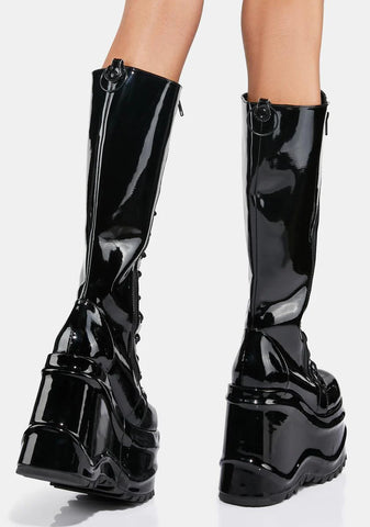 Patent Evil Intentions Wedge Knee High Boots